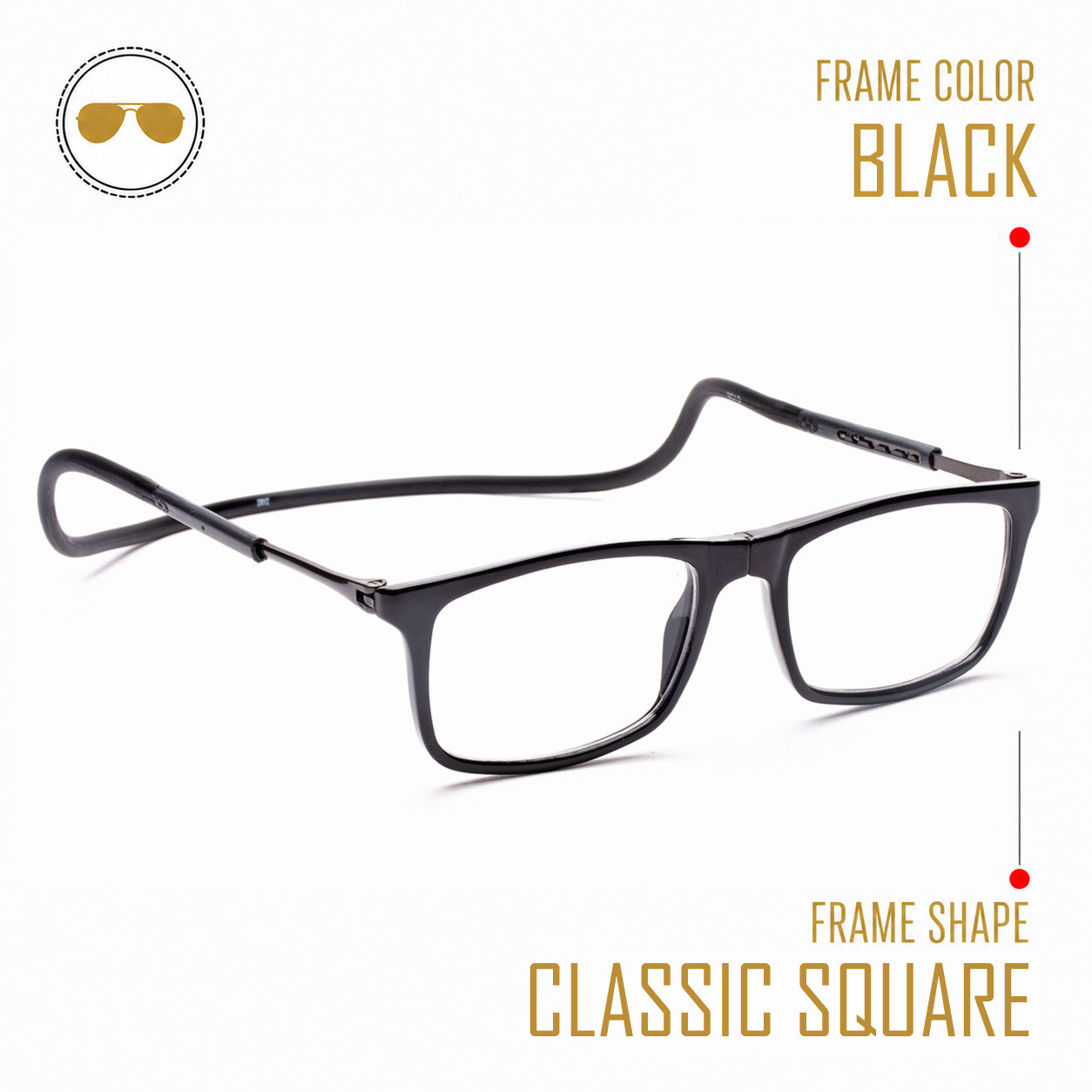 Classic Square Hang In Neck Reading Glasses With Flexible Head Band.