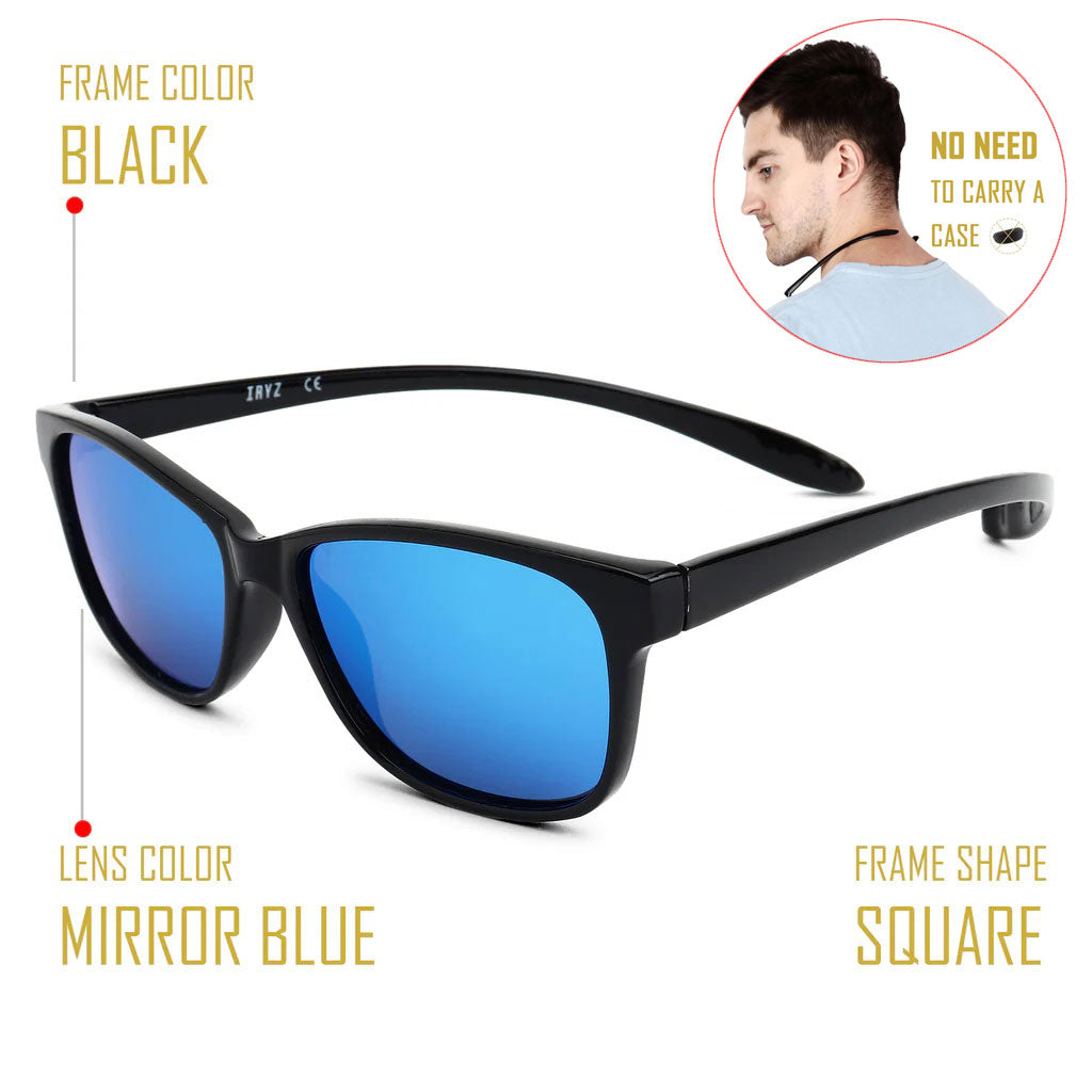 Black Frame - Black Lens- Unisex Polarized Sunglasses with long hang in neck sides-Small Size
