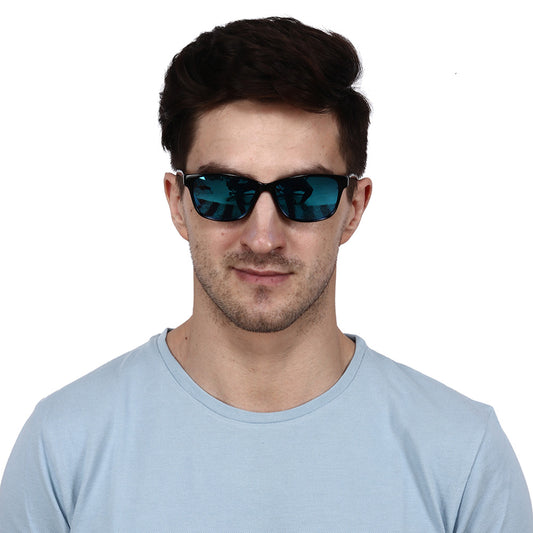 Black Frame-Mirror Blue Lens- Unisex Polarized Sunglasses with long hang in neck sides-Small Size