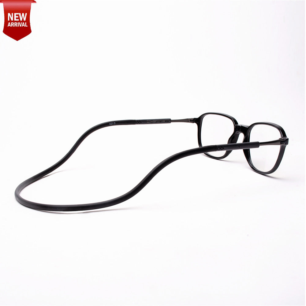 Rounded Square Hang In Neck Reading Glasses With Flexible Head Band.