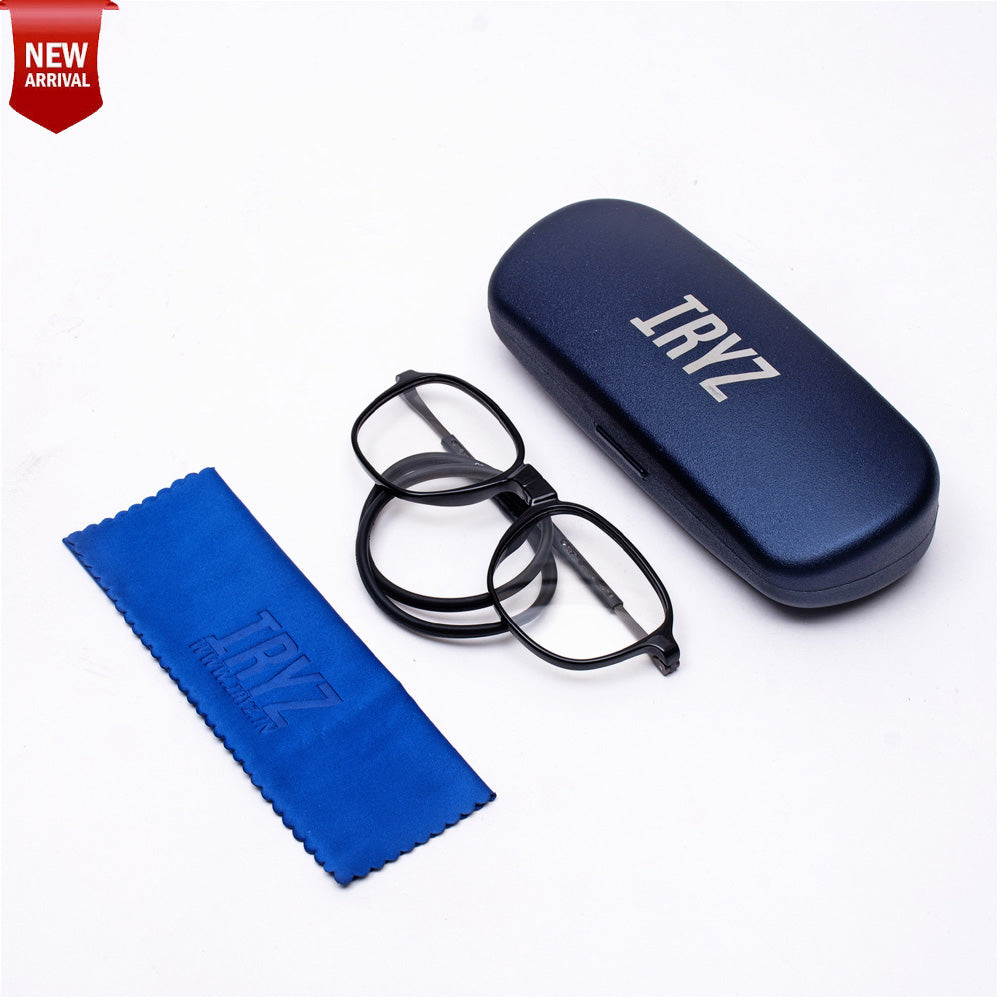 Rounded Square Hang In Neck Reading Glasses With Flexible Head Band.