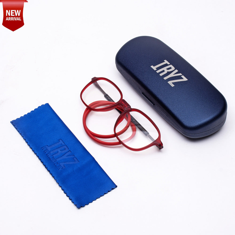 Rounded Square Hang In Neck Reading Glasses With Flexible Head Band.