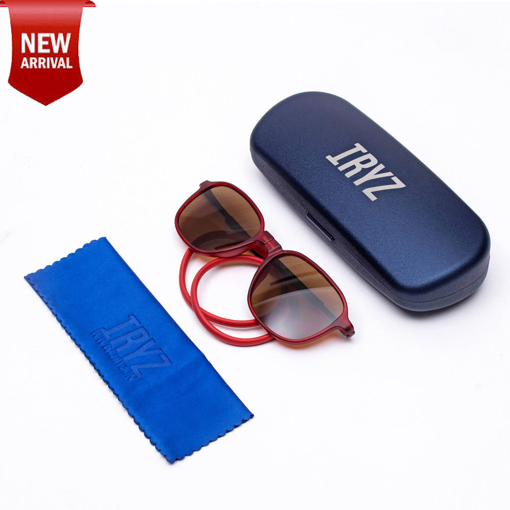 Rounded Square- Matte Red Frame -Magnetic Sunglasses