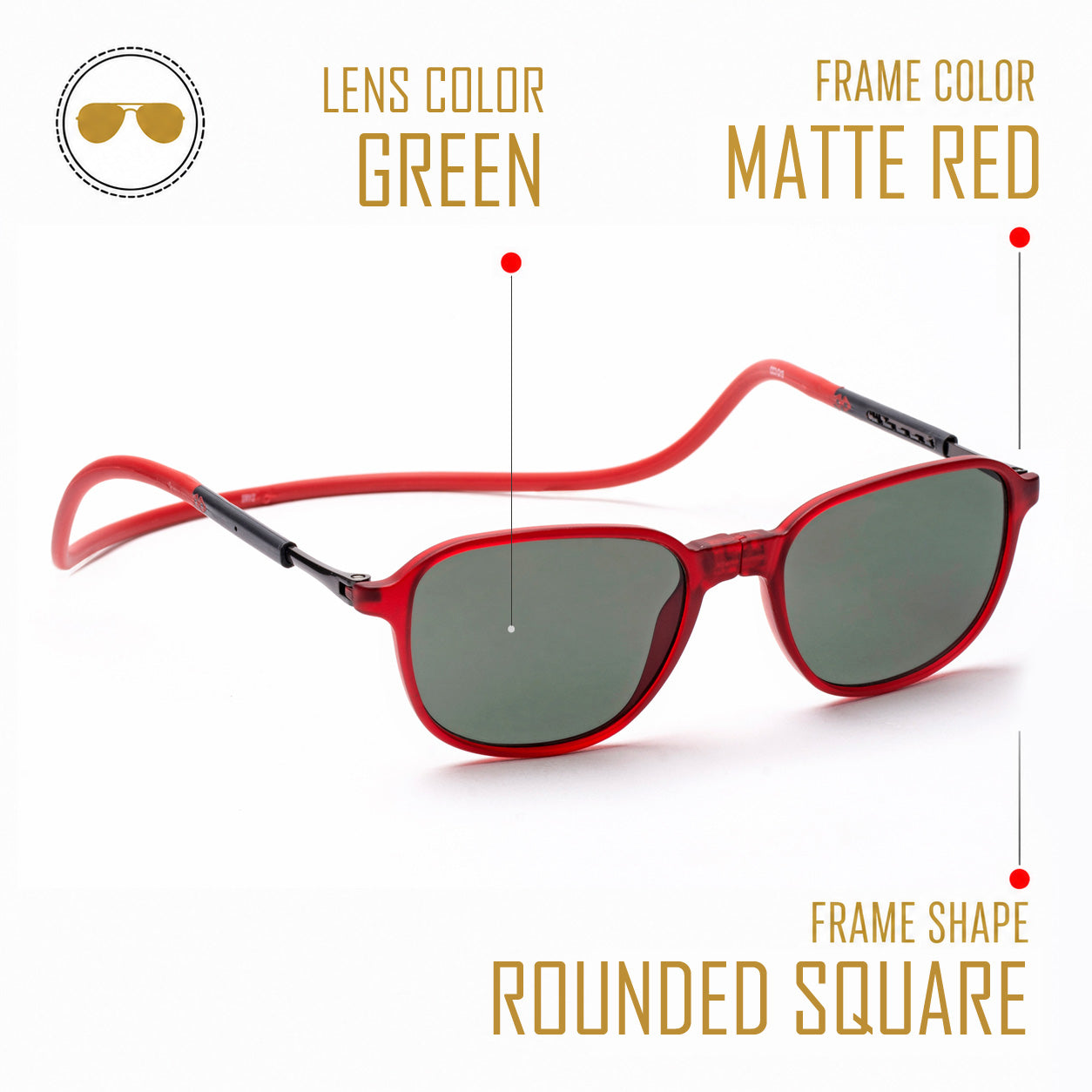 Rounded Square- Matte Red Frame -Magnetic Sunglasses