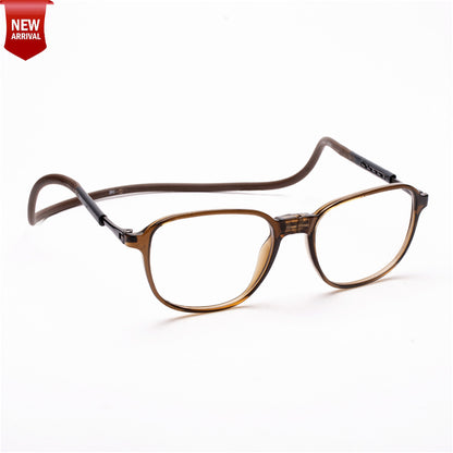 Rounded Square Hang In Neck Reading Glasses With Flexible Head Band.