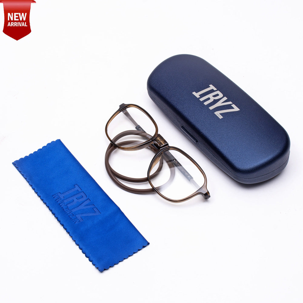 Rounded Square Hang In Neck Reading Glasses With Flexible Head Band.