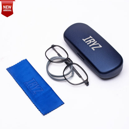 Rounded Square Hang In Neck Reading Glasses With Flexible Head Band.