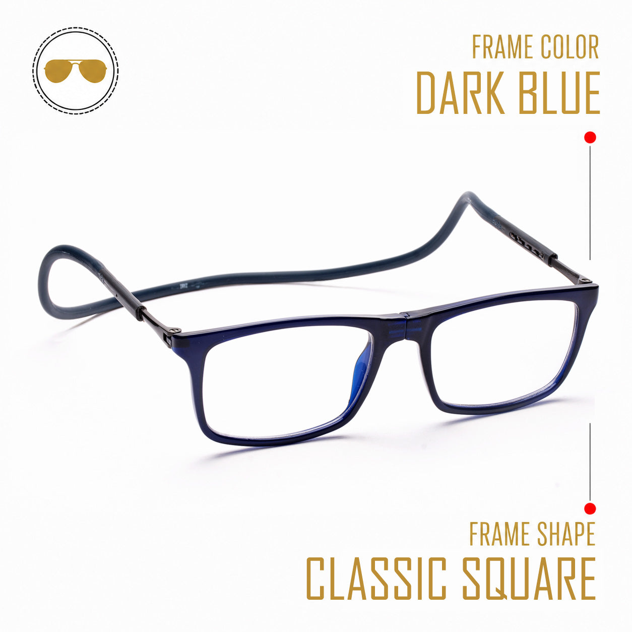 Classic Square Hang In Neck Reading Glasses With Flexible Head Band.
