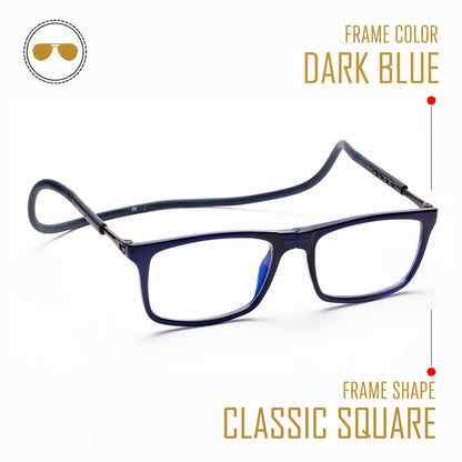 Classic Square Hang In Neck Reading Glasses With Flexible Head Band.