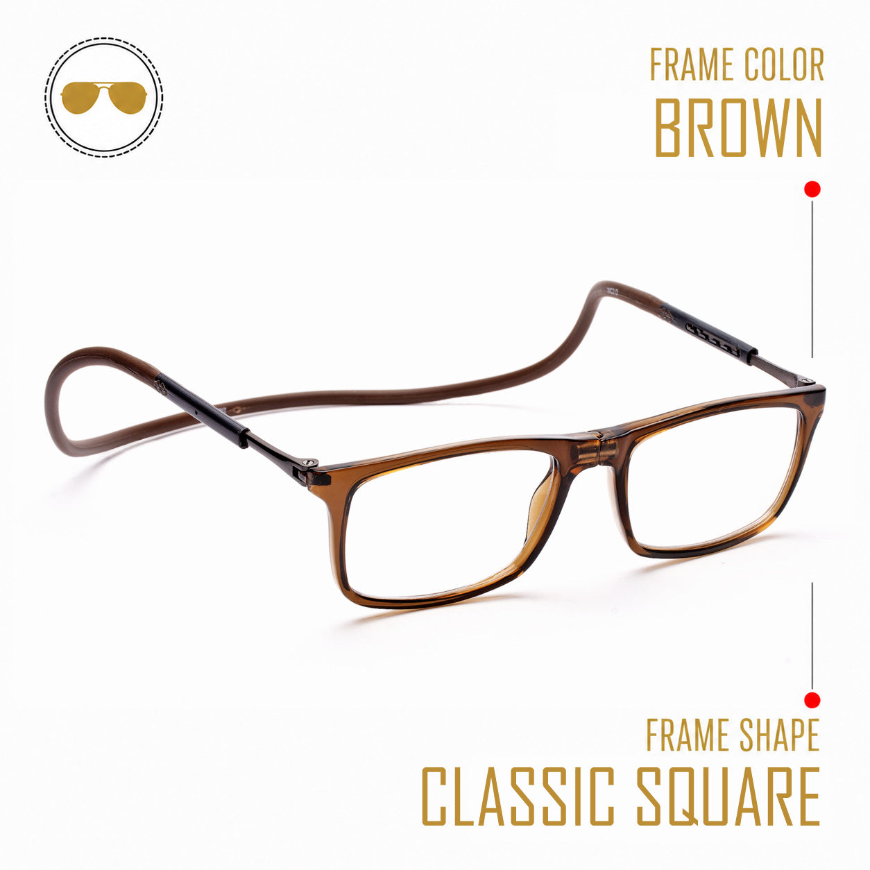 Classic Square Hang In Neck Reading Glasses With Flexible Head Band.
