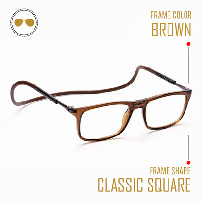 Classic Square Hang In Neck Reading Glasses With Flexible Head Band.