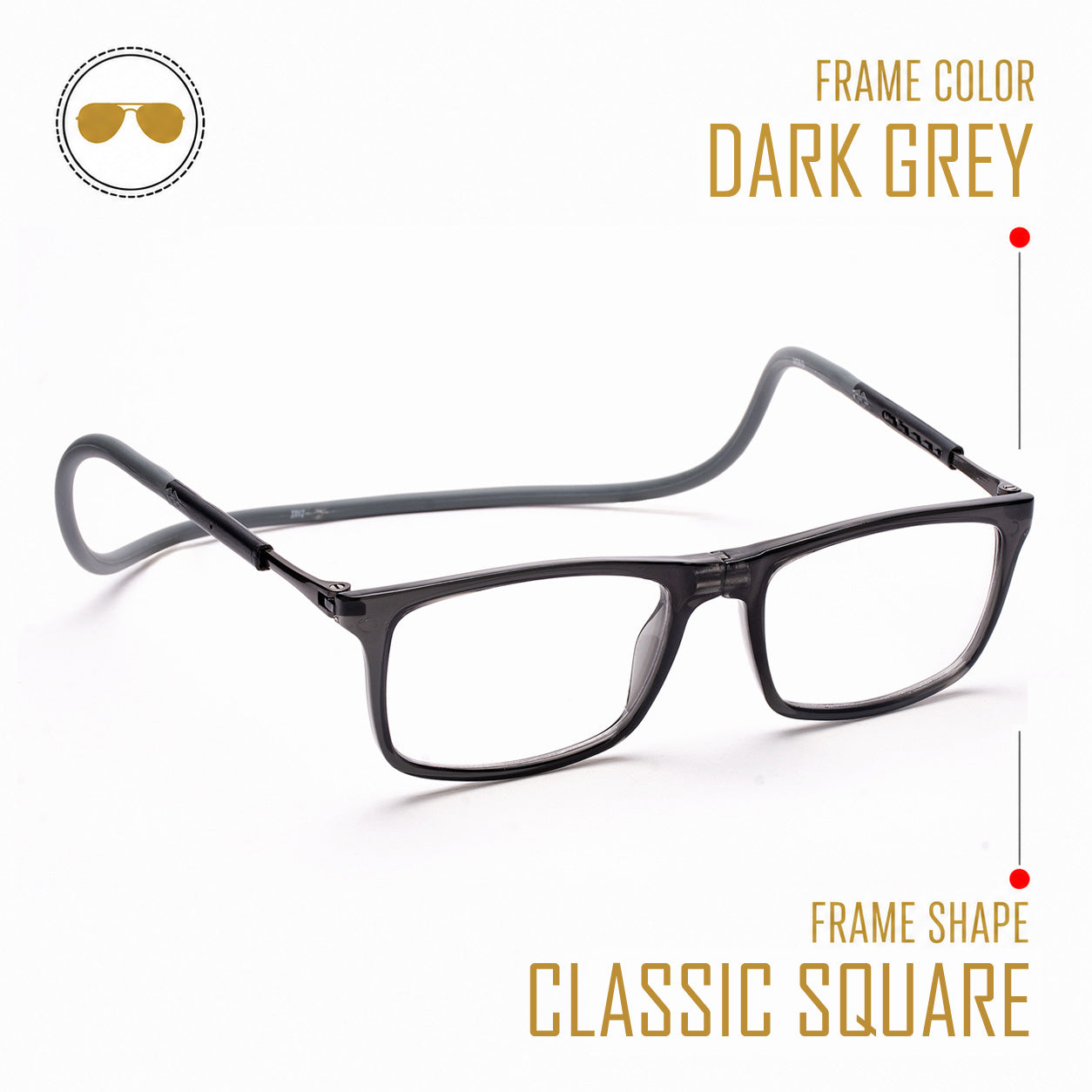 Classic Square Hang In Neck Reading Glasses With Flexible Head Band.