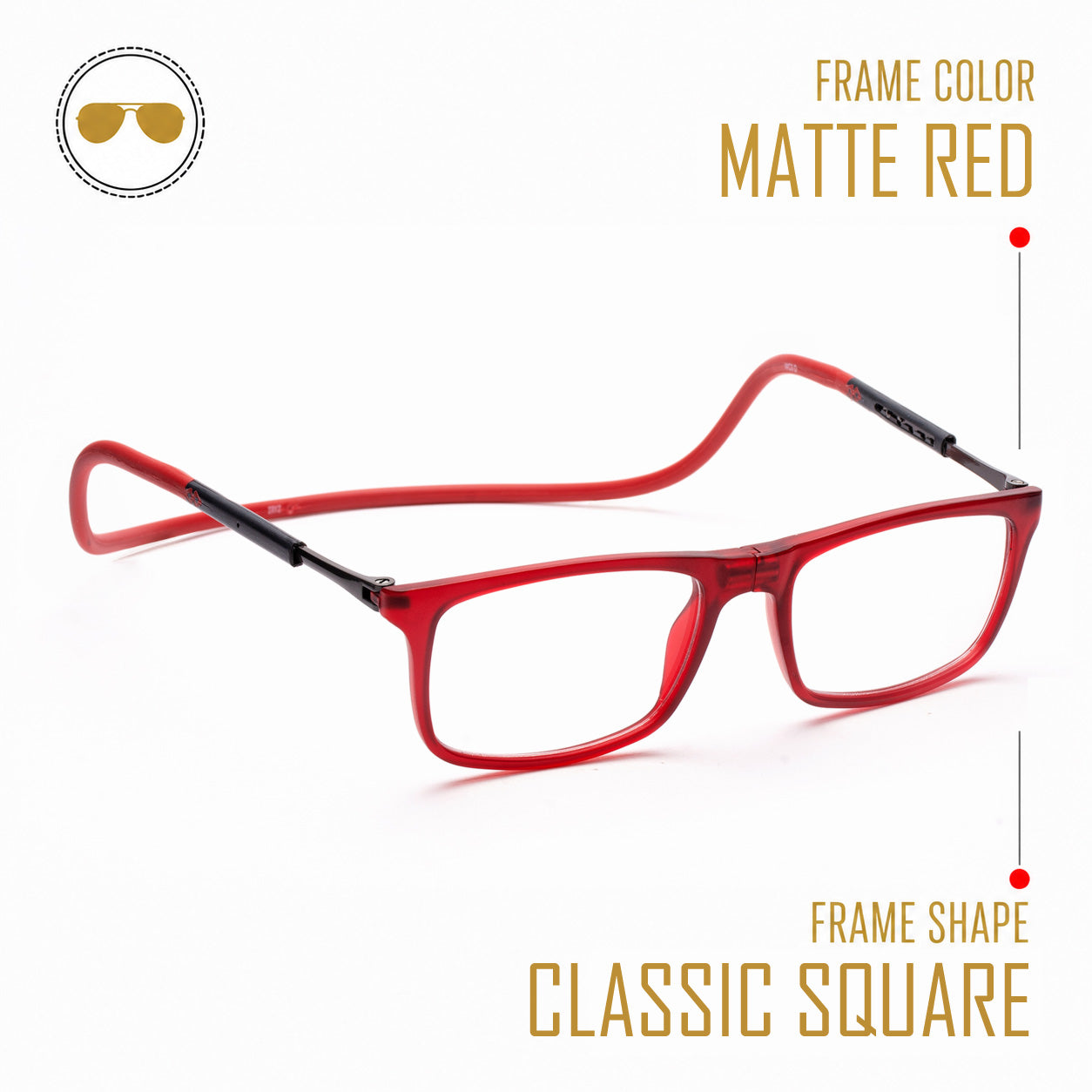 Classic Square Hang In Neck Reading Glasses With Flexible Head Band.