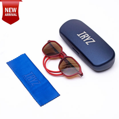 Hexagon Shape- Matte  Red Frame -Magnetic Sunglasses (HC23)