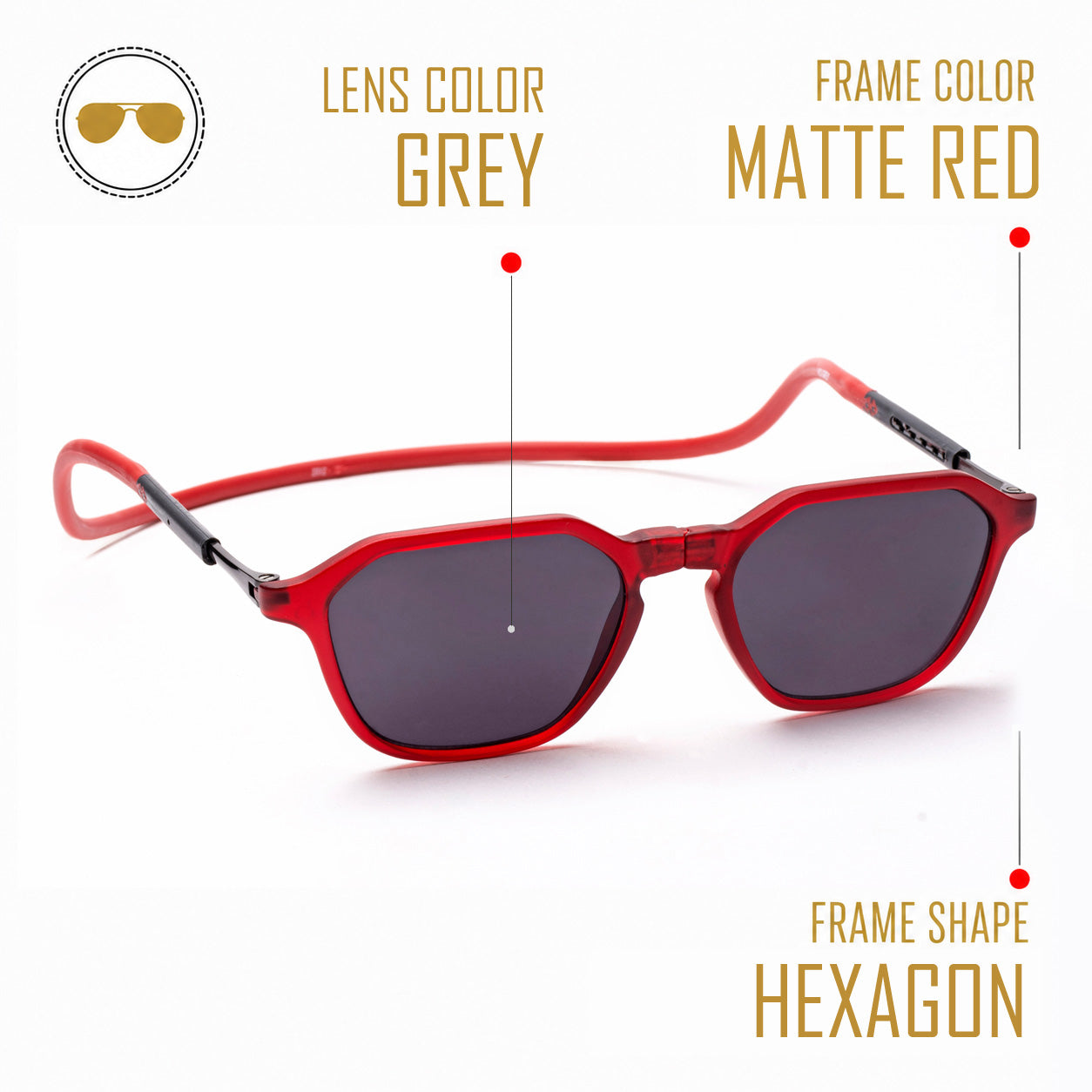 Hexagon Shape- Matte Red Frame -Magnetic Sunglasses (HC24)