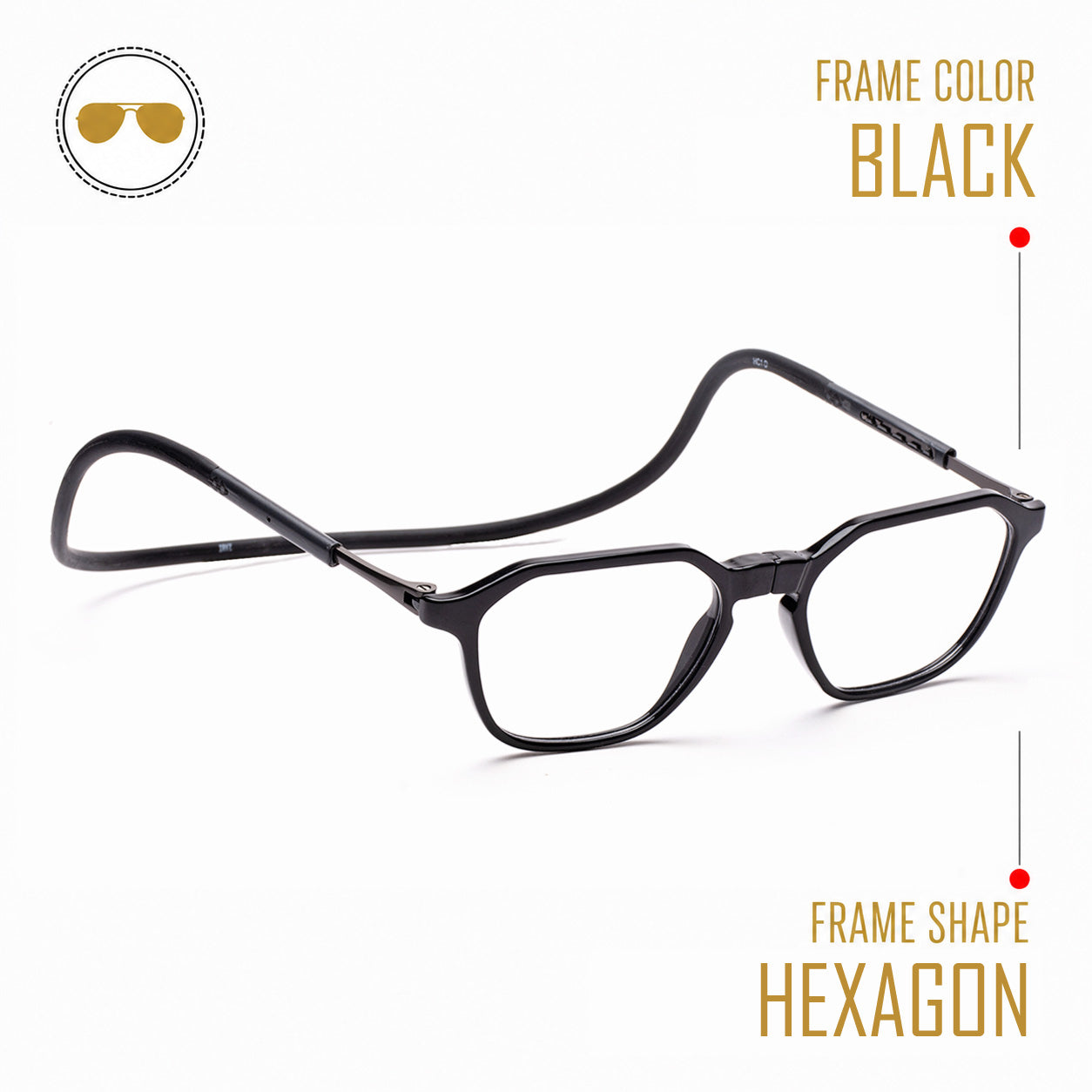 Hexagon shape Hang In Neck Reading Glasses With Flexible Head Band.