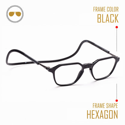 Hexagon shape Hang In Neck Reading Glasses With Flexible Head Band.
