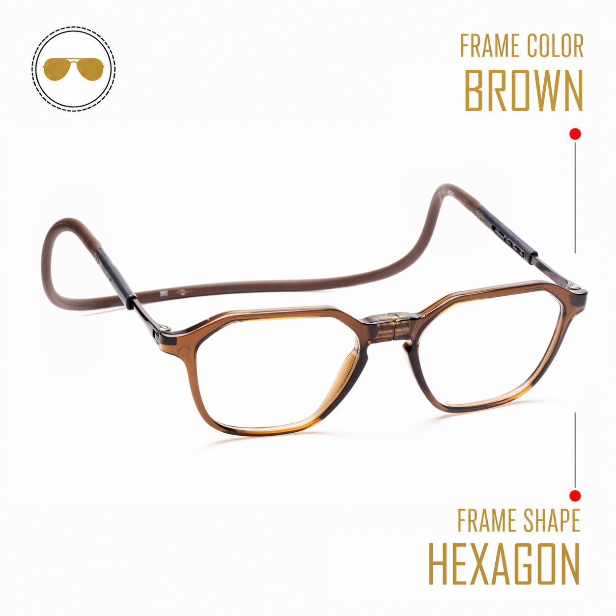 Hexagon shape Hang In Neck Reading Glasses With Flexible Head Band.
