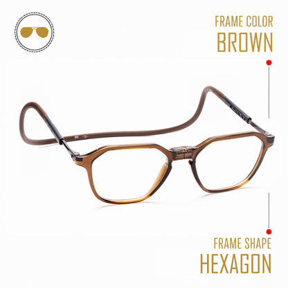 Hexagon shape Hang In Neck Reading Glasses With Flexible Head Band.