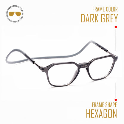 Hexagon shape Hang In Neck Reading Glasses With Flexible Head Band.