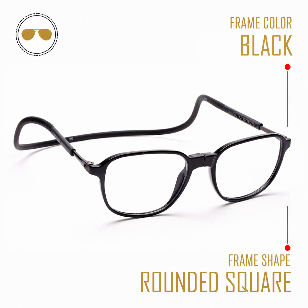 Rounded Square Hang In Neck Reading Glasses With Flexible Head Band.