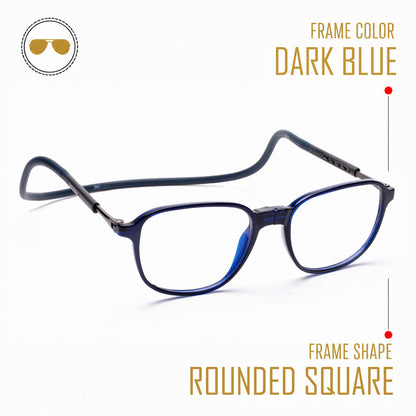 Rounded Square Hang In Neck Reading Glasses With Flexible Head Band.