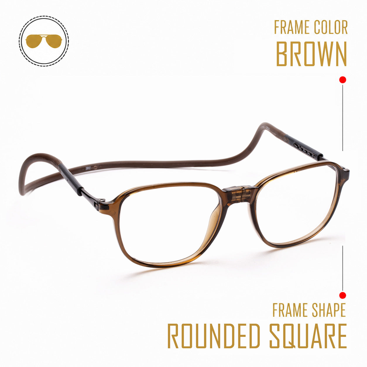 Rounded Square Hang In Neck Reading Glasses With Flexible Head Band.
