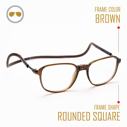 Rounded Square Hang In Neck Reading Glasses With Flexible Head Band.