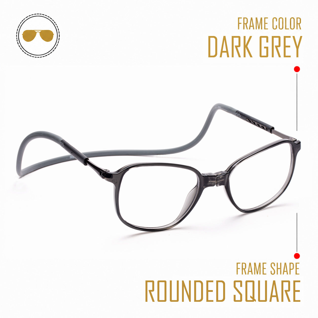 Rounded Square Hang In Neck Reading Glasses With Flexible Head Band.