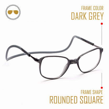 Rounded Square Hang In Neck Reading Glasses With Flexible Head Band.