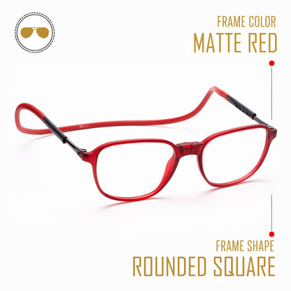 Rounded Square Hang In Neck Reading Glasses With Flexible Head Band.