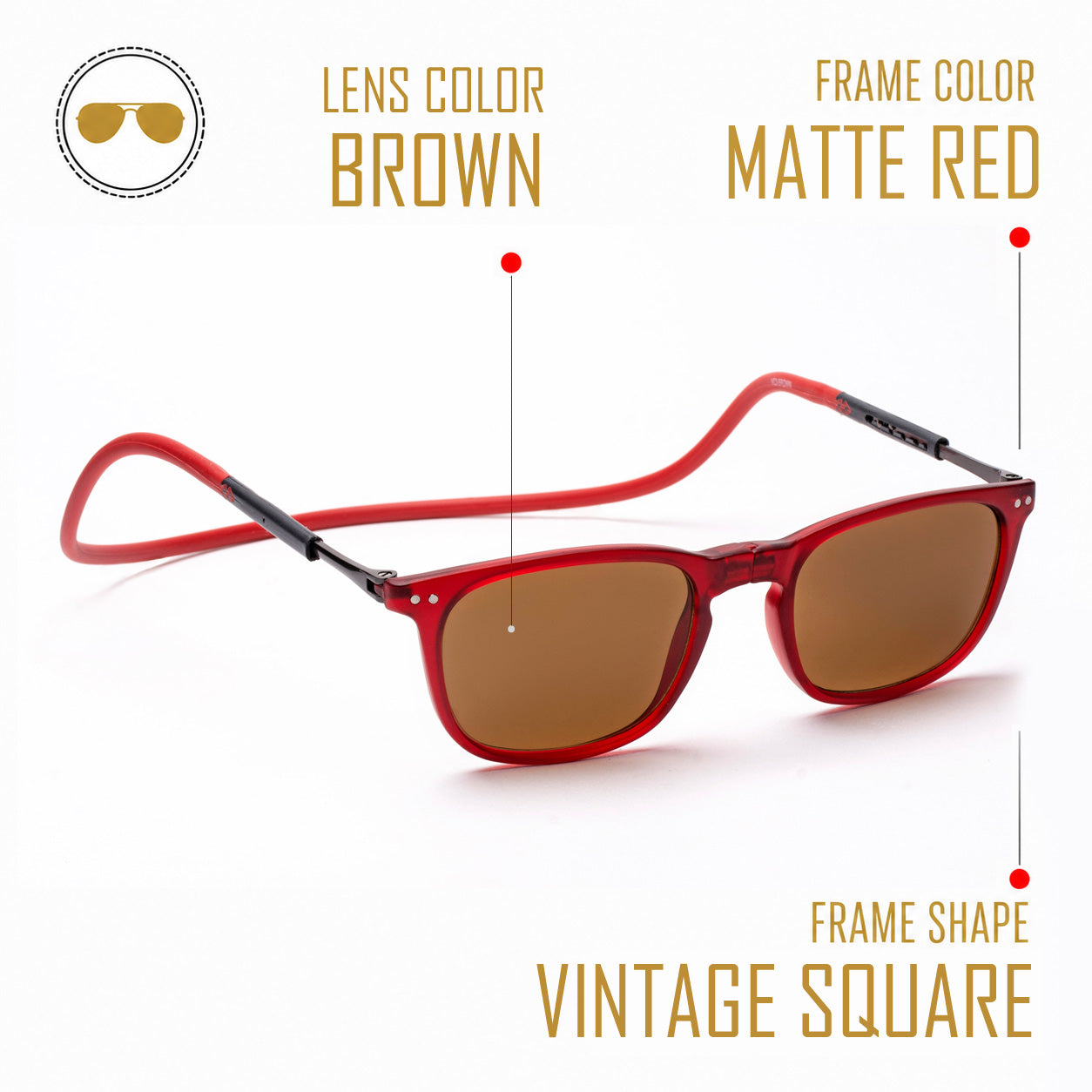 Vintage Square- Matte Red Frame -Magnetic Sunglasses (VC21)