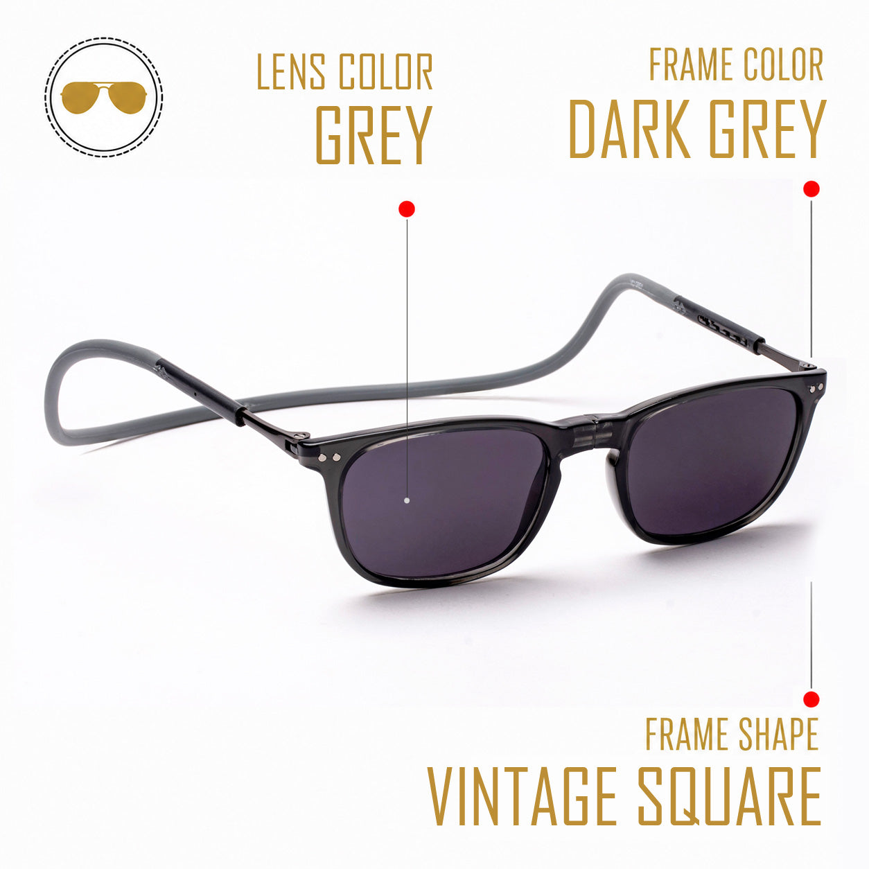 Vintage Square- Dark Grey Frame -Magnetic Sunglasses (VC54)