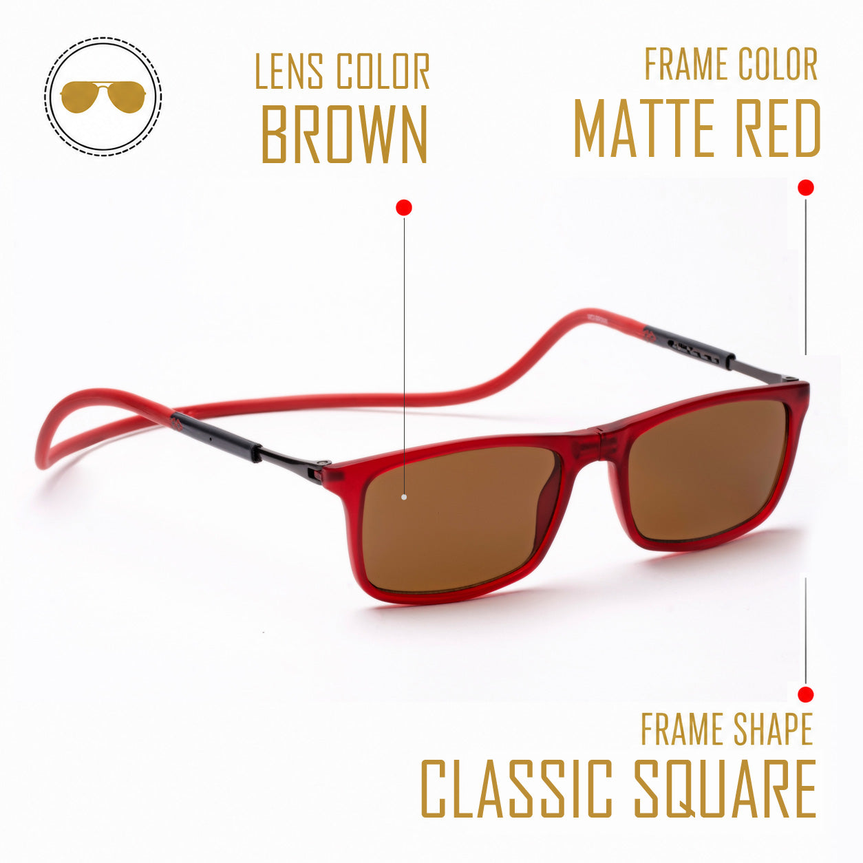 Classic Square- Matte Red Frame -Magnetic Sunglasses