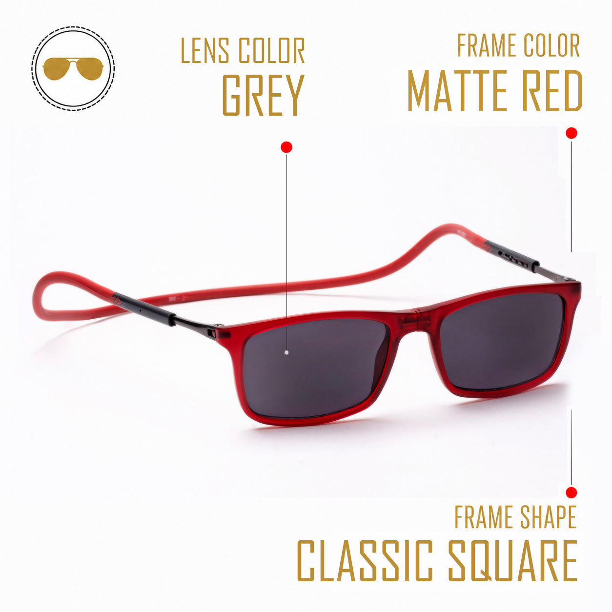 Classic Square- Matte Red Frame -Magnetic Sunglasses