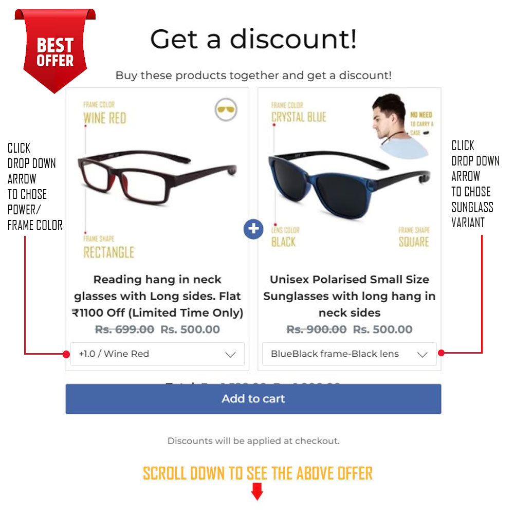 Reading hang in neck glasses with Long sides. The Big Saving Days Sale. Flat Rs. 1200 Off