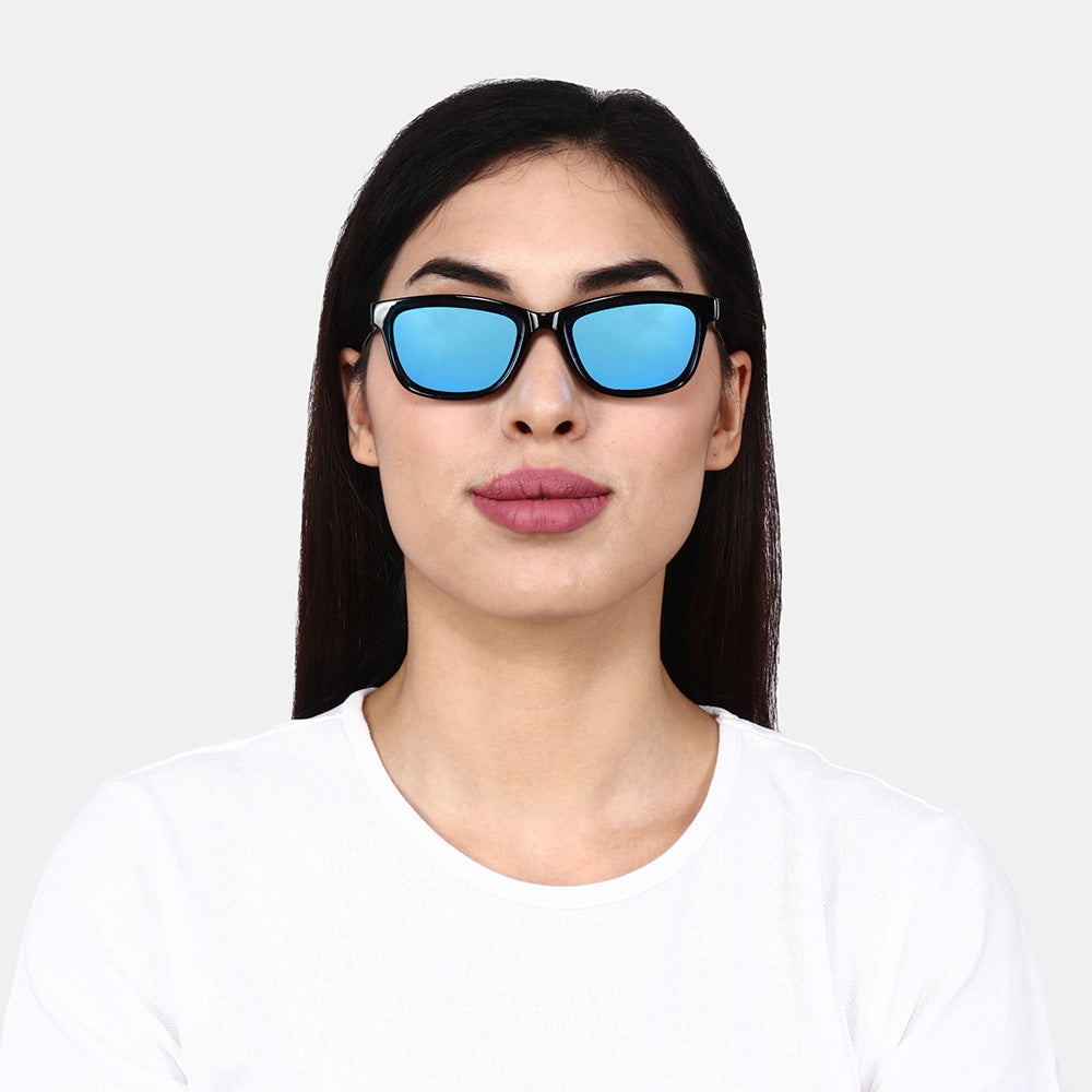 Black Frame-Mirror Blue Lens- Unisex Polarized Sunglasses with long hang in neck sides-Small Size