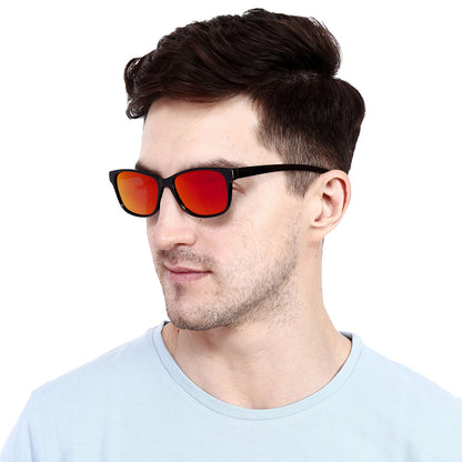 Black Frame-Mirror Red Lens- Unisex Polarized Sunglasses with long hang in neck sides-Small Size