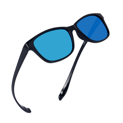 Black Frame-Mirror Blue Lens- Unisex Polarized Sunglasses with long hang in neck sides-Small Size